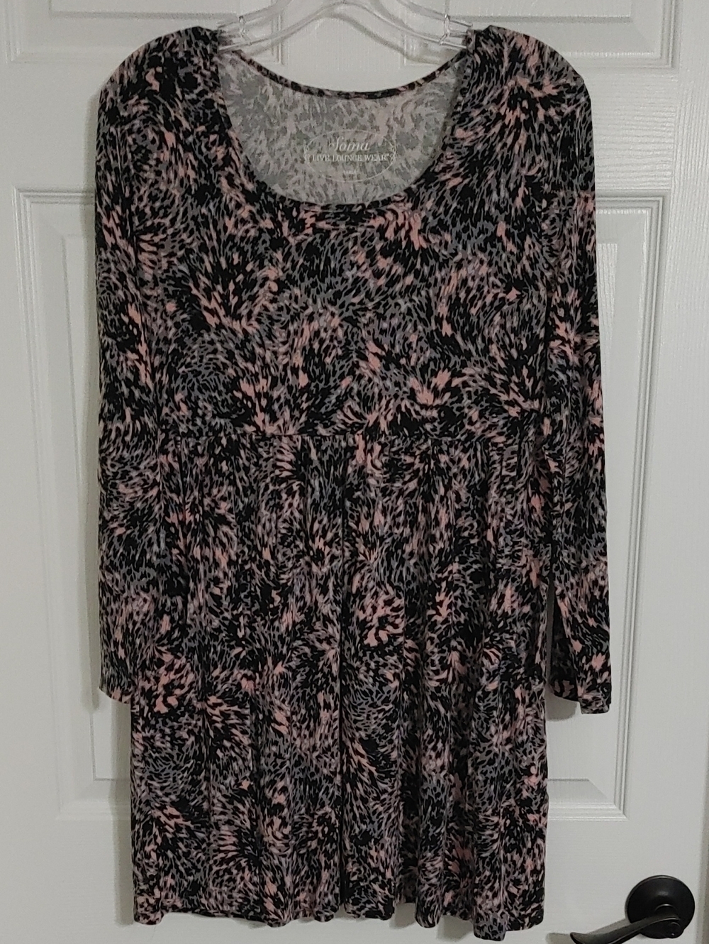 Soma Black and Blush Swirl Print Long Sleeve Mini Lounge Dress Size Large